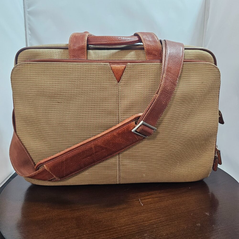 Johnston & Murphy Vintage Briefcase / Travel Bag Beige Canvas & Brown Leather